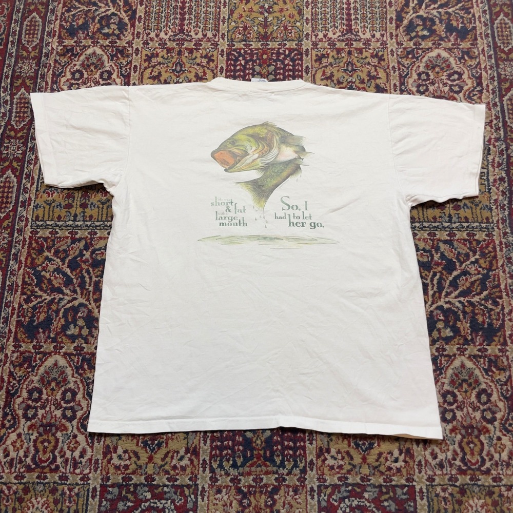 VTG 90s Aussie T Company Fishing Bass Tee Short Fat Big Mouth Funny Shirt L USA